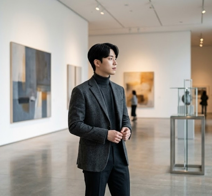 Korean comma hair with inward curved fringe, smooth volume, and refined styling for sleek masculine look