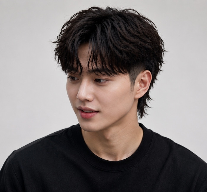 Korean burst fade wolf hybrid with rounded geometric fade, textured crown layers, and sharp undone contrast for Gen Z men
