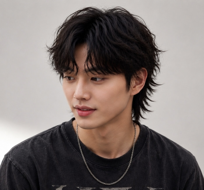Korean skate shag with choppy longer layers, minimal side fade, skateboard-inspired texture, and alternative styling