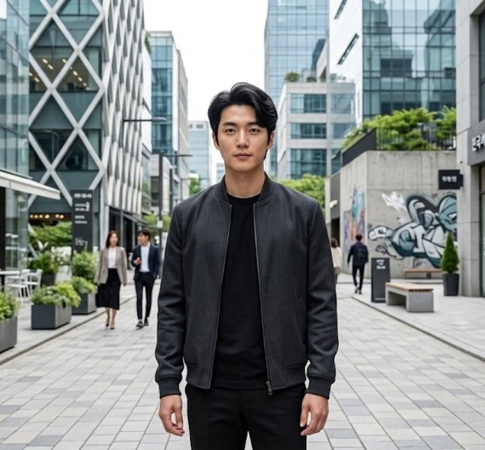 Korean middle part hairstyle featuring balanced fullness, center partition, and layered texture throughout