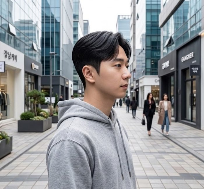 Korean down perm with smooth flat sides, soft layered top, permed waves, and balanced shape for men