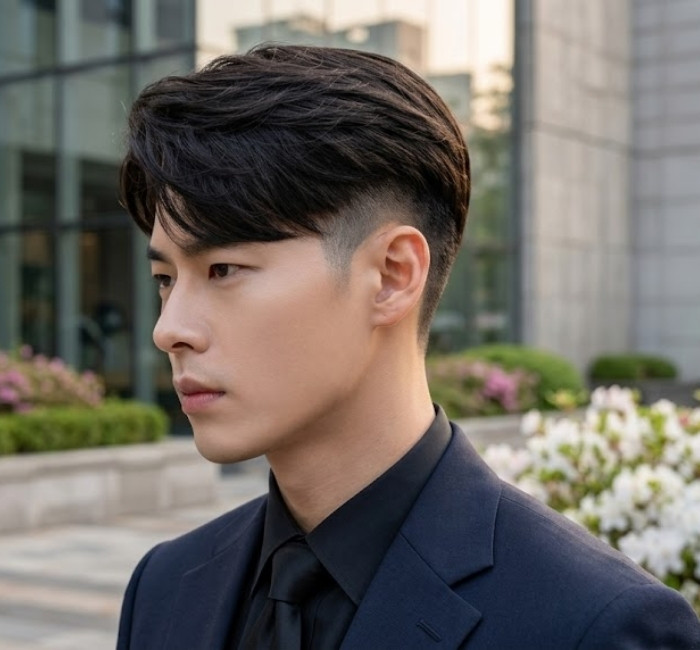 Korean taper fade haircut with gradually shortened sides, textured layered top, and modern clean styling