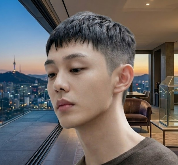 Korean French crop with short faded sides, textured chopped top, and straight fringe above eyebrows for men