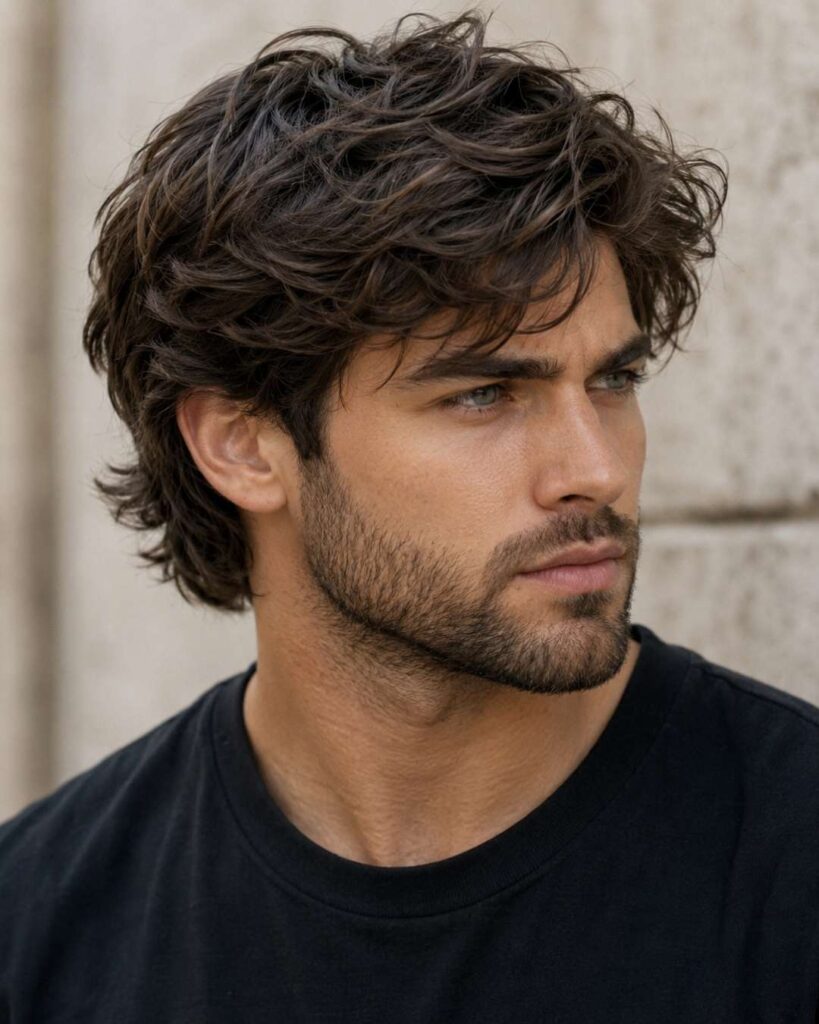 Textured layered haircut for men with choppy top layers, lifted volume, and softly tapered sides