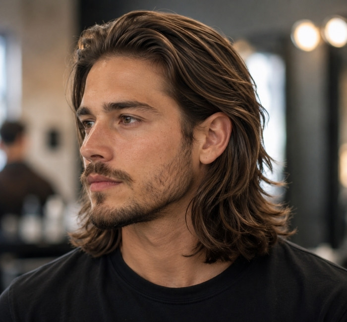 Collar length layered haircut for men with face framing layers and full crown volume