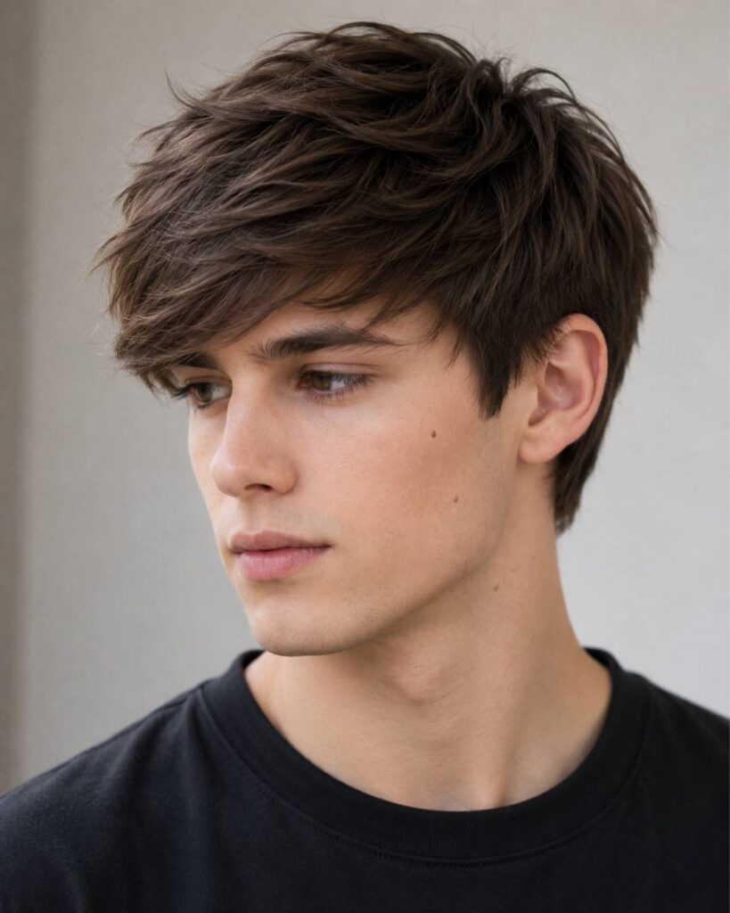 Side fringe layered haircut for men with sweeping front fringe, soft layers, and balanced shape
