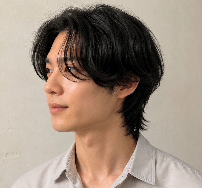 Wolf cut layered haircut for men with shaggy top layers, longer back length, and bold textured volume