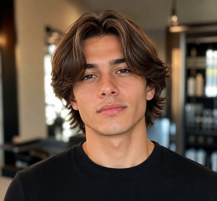 Curtain fringe layered haircut for men with middle parted bangs, soft face framing layers, and relaxed flow