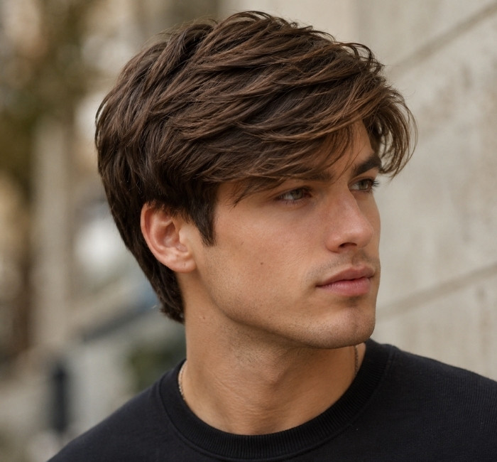 Side swept fringe layered haircut for men with long front layers, added volume, and natural texture