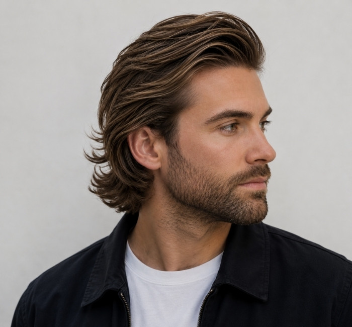 Thick hair layered haircut for men with longer top layers, reduced bulk, and controlled natural volume