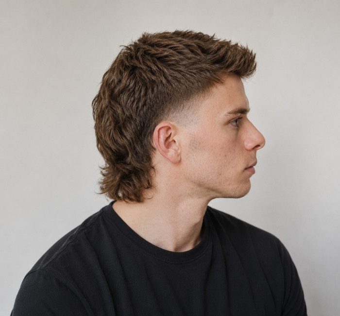 Modern layered mullet haircut for men with textured top, short faded sides, and longer back