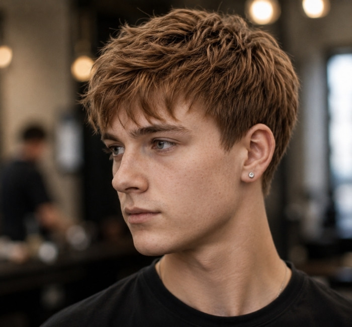 Short layered haircut for men with choppy textured top and neat tapered sides