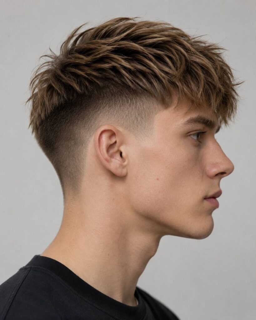 Layered undercut haircut for men with tight disconnected sides, longer textured top, and strong volume