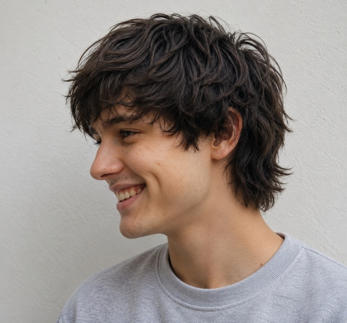 Shaggy layered haircut for men with messy texture and longer sections around the ears and neck