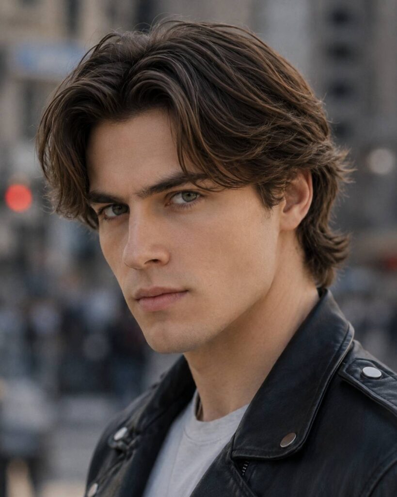 Center part layered haircut for men with even face framing layers, natural lift, and smooth movement