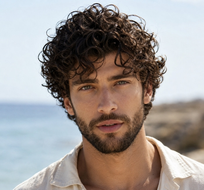 Layered curly haircut for men with stacked layers, controlled volume, and defined curl shape