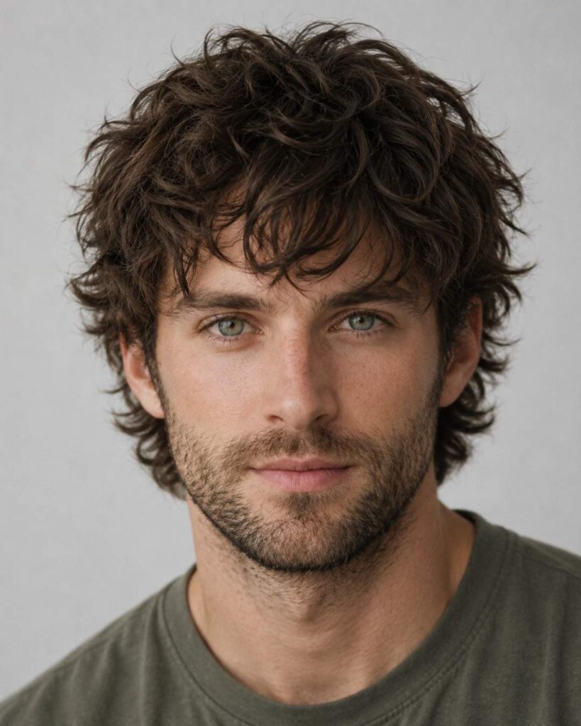Messy layered haircut for men with uneven textured layers, natural volume, and relaxed casual finish