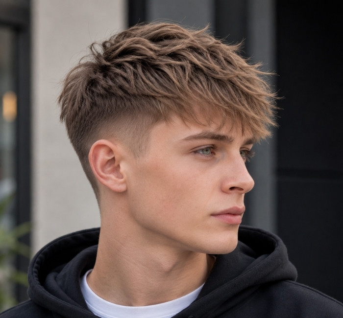 Faded sides layered haircut for men with textured top layers and clean barbershop finish