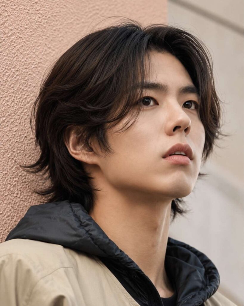 Korean layered haircut for men with soft face framing layers, light volume, and smooth airy movement