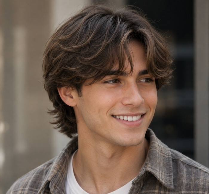 Layered fringe haircut for men with choppy bangs over the forehead and shorter faded sides