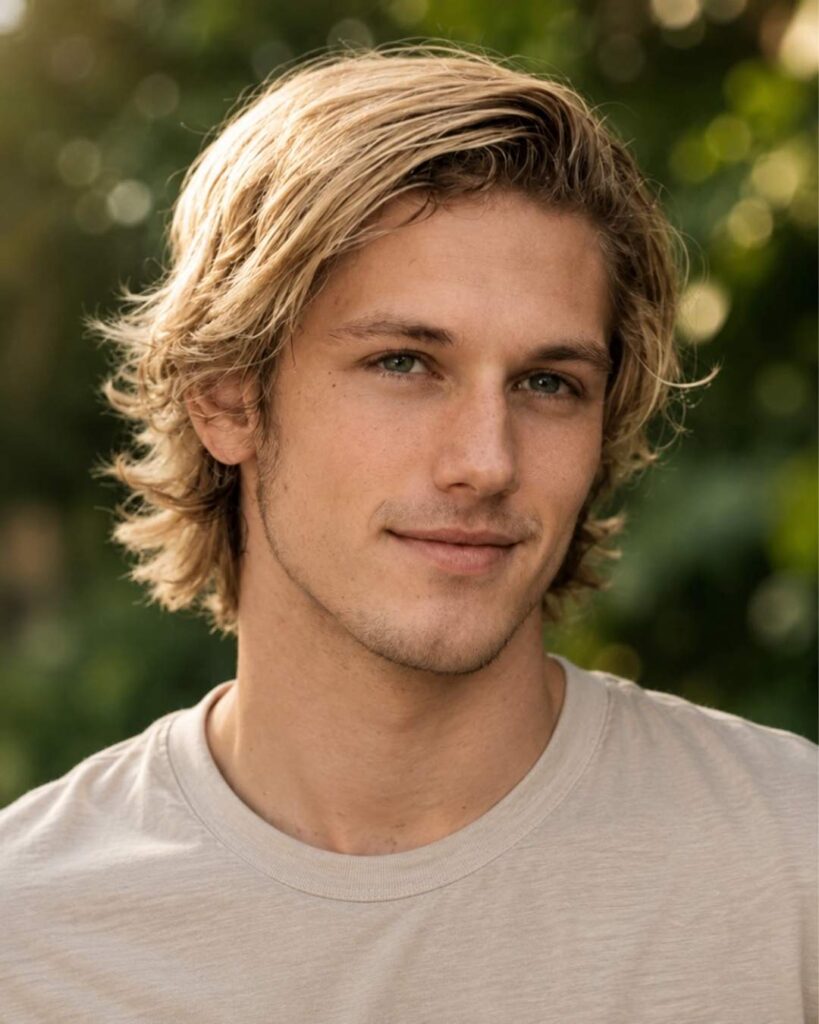 Blonde layered haircut for men with choppy texture, natural lift, and light airy movement throughout