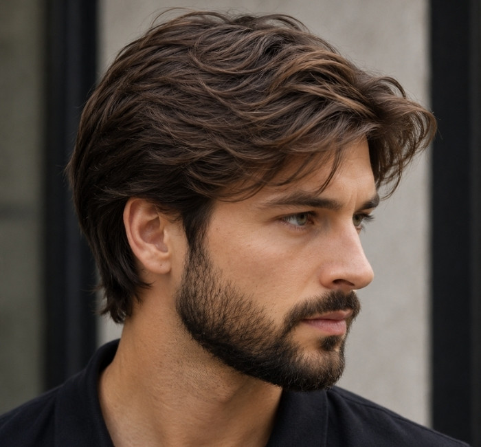Soft layered haircut for men with smooth blended layers and clean natural movement