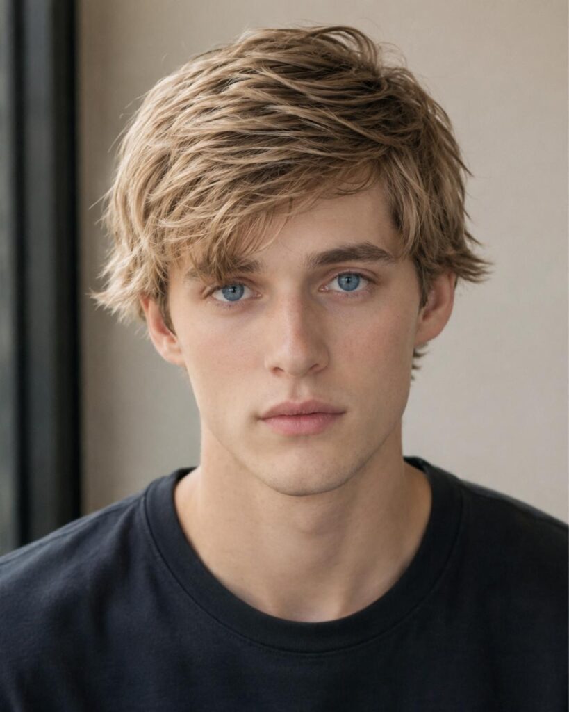 Side part layered haircut for men with sweeping top layers, tapered sides, and smooth natural flow