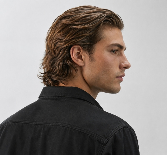 Long layered haircut for men with flowing layers, added crown volume, and smooth healthy finish