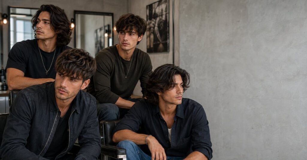 Layered haircuts for men showing various styles including short, medium, and long layers with natural texture and movement