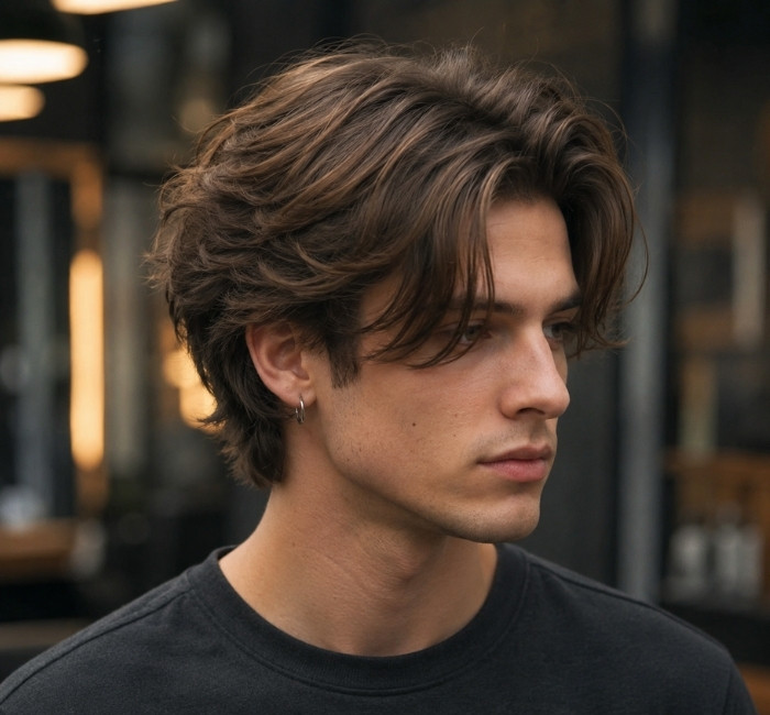 Medium length layered haircut for men with natural volume on top and light flowing ends
