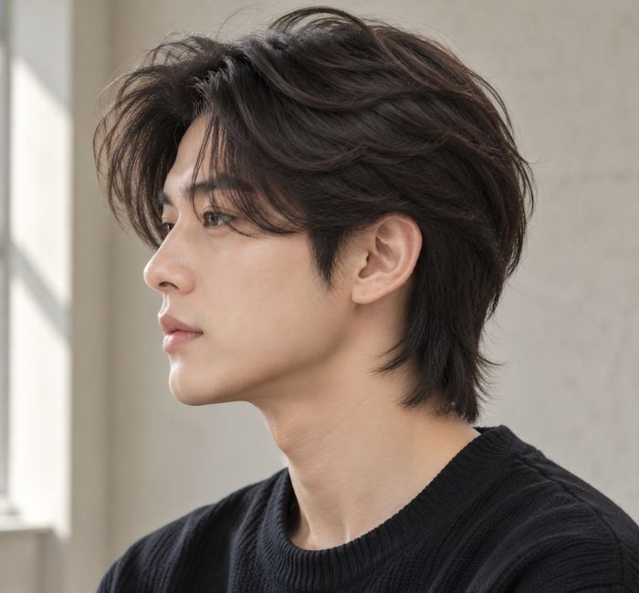 Korean man with a feathered leaf cut