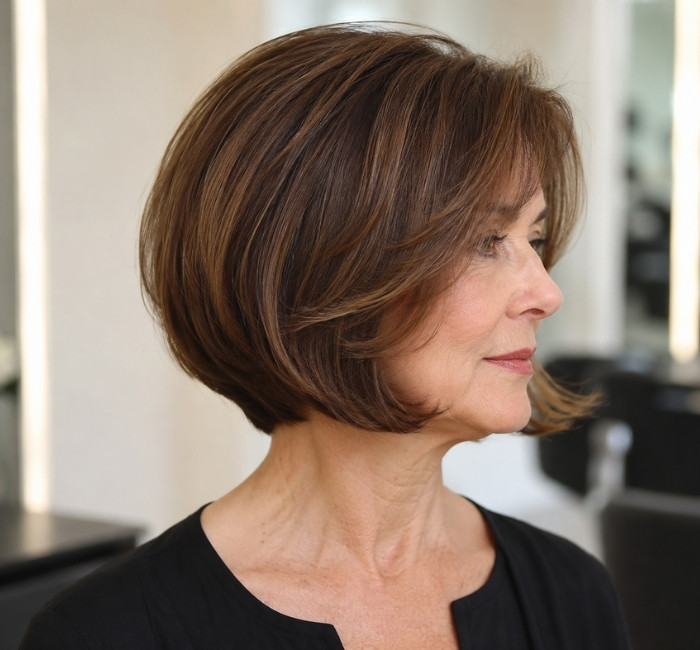 Woman around 65 with a short angled bob and face-framing layers, chestnut brown hair with caramel tones in a bright salon.