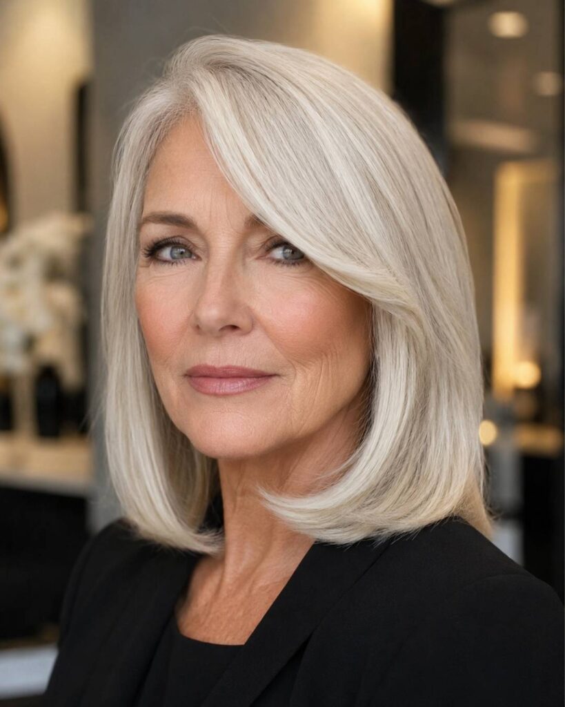 Elegant woman over 60 with a sleek platinum blonde long bob, softly curled ends, wearing a black outfit in a salon.