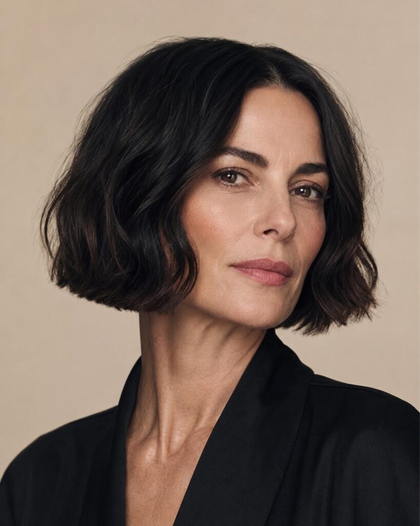 Mature woman with a sleek blunt cut bob just above the jawline, thick dark hair, and a modern beige studio background.