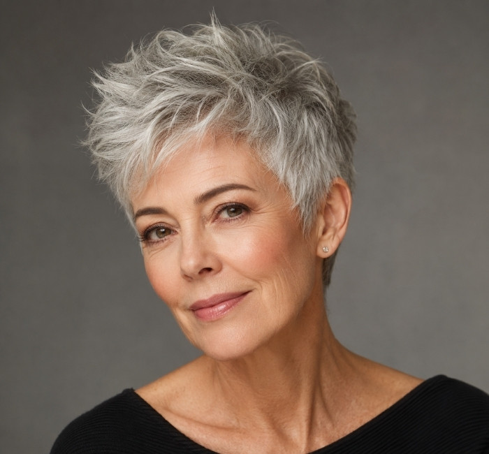 Woman over 60 with a textured silver-gray pixie cut, soft volume on top, and a calm expression in a gray studio setting.