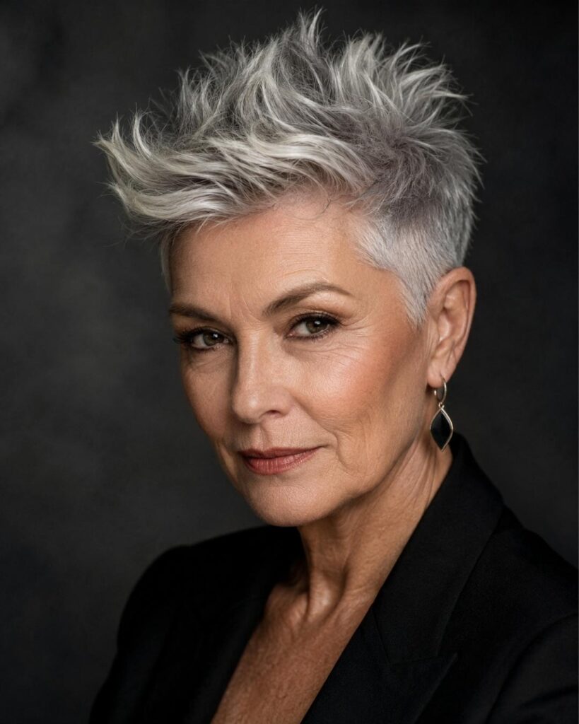 Confident woman aged 60–70 with a bold salt-and-pepper edgy pixie cut and dramatic volume in a dark studio background.
