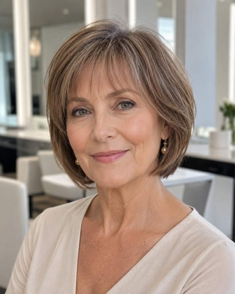 Woman in her mid-60s with a soft pixie bob, wispy bangs, and light brown hair in a bright airy salon interior.