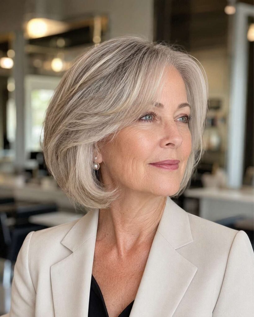 Older woman with a layered bob hairstyle, pearl gray hair with blonde highlights, styled for volume in a luxury salon.