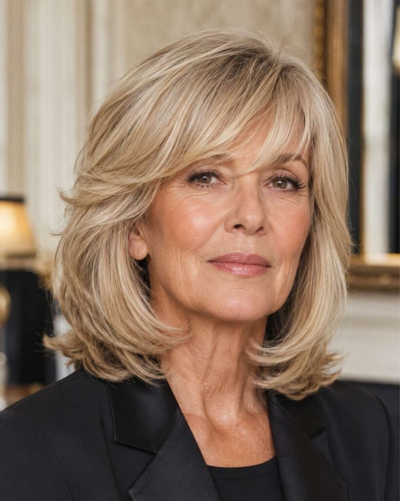 Woman around 68 with a smooth long bob, side-swept bangs, and softly curled blonde hair in a professional indoor setting.