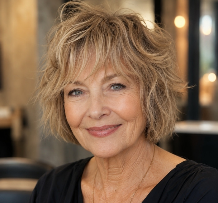Stylish woman in her late 60s with a short shaggy bob haircut, wispy bangs, and warm blonde highlights, smiling in a modern salon.