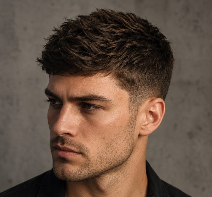 Fictional man with a modern textured crop, short sides, and layered hair on top.
