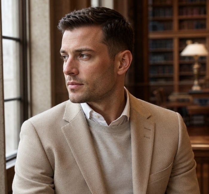 Fictional man with a polished Ivy League haircut and subtle side part.