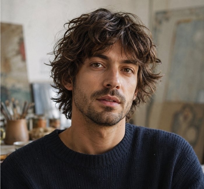 Fictional man with medium-length wavy hair styled in a layered modern shag.