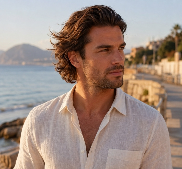 Fictional man with medium-length wavy bro flow hair swept naturally backwards.