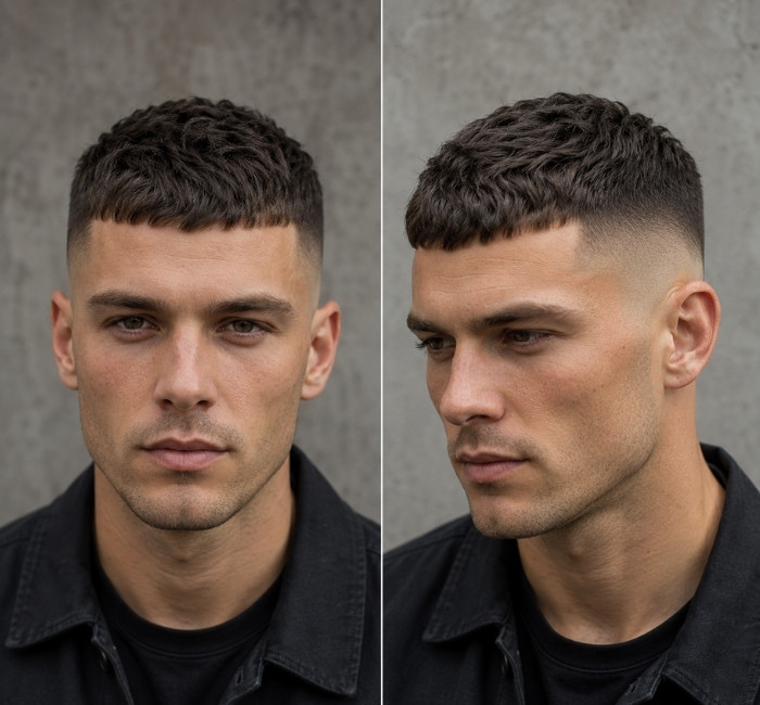Fictional man with a modern Caesar cut, short forward fringe, and faded sides.
