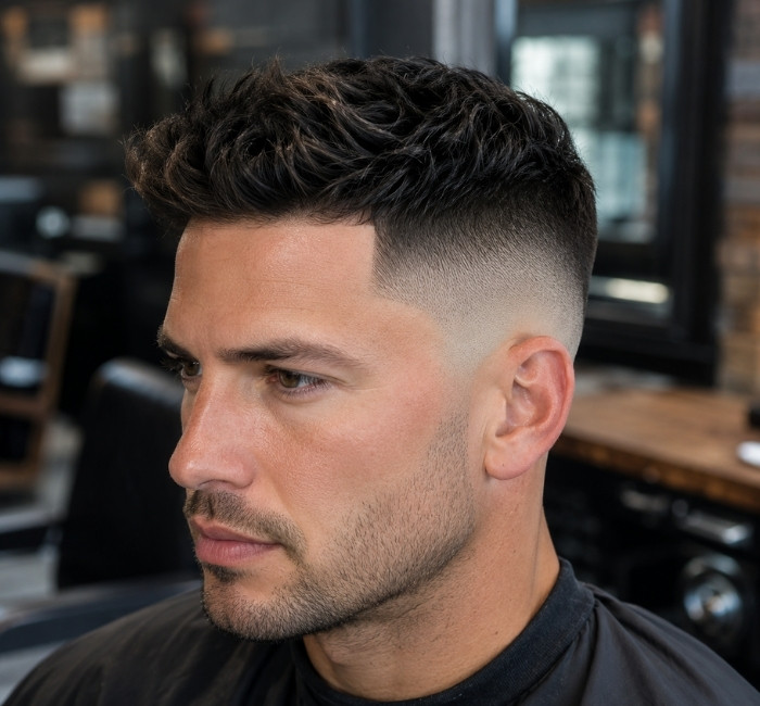 Fictional man with a sharp high fade and thick textured hair on top.