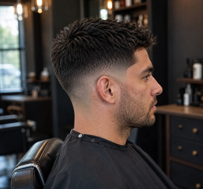 Side profile of a fictional man with a balanced mid fade and textured top.