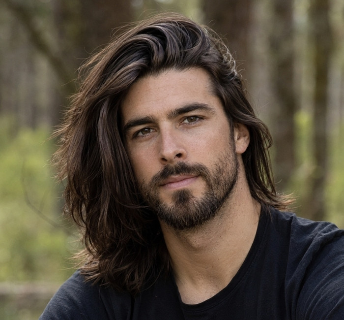 Fictional man with thick shoulder-length hair shaped into long flowing layers.