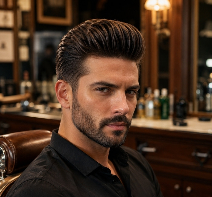 Fictional man with a classic modern pompadour, high front volume, and tapered sides.