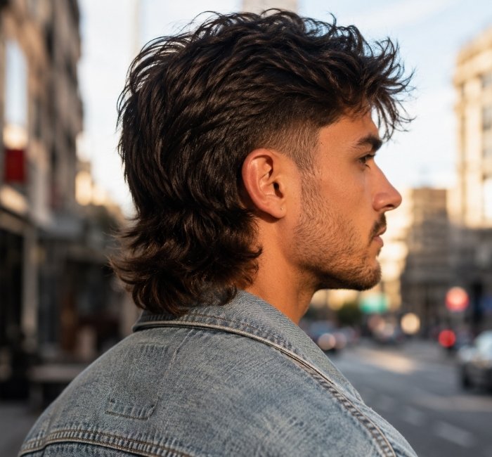 Fictional man with a modern mullet featuring textured sides and longer hair at the back.